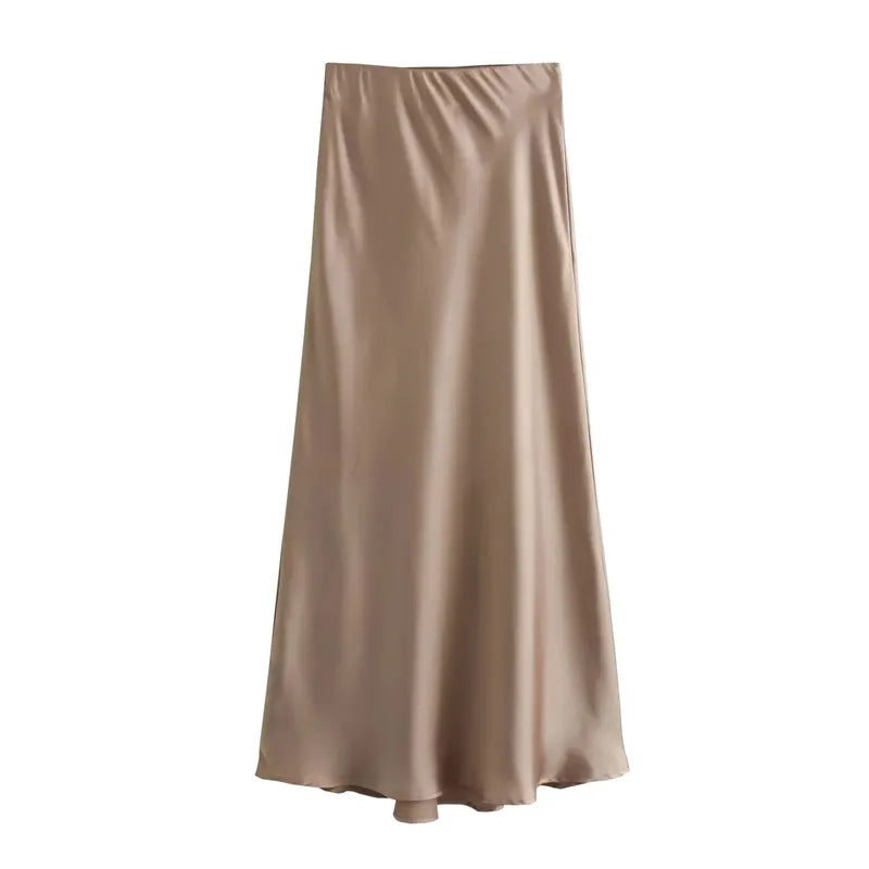 Elegant TRAF Woman 2024 Satin High Waist Midi Skirt
