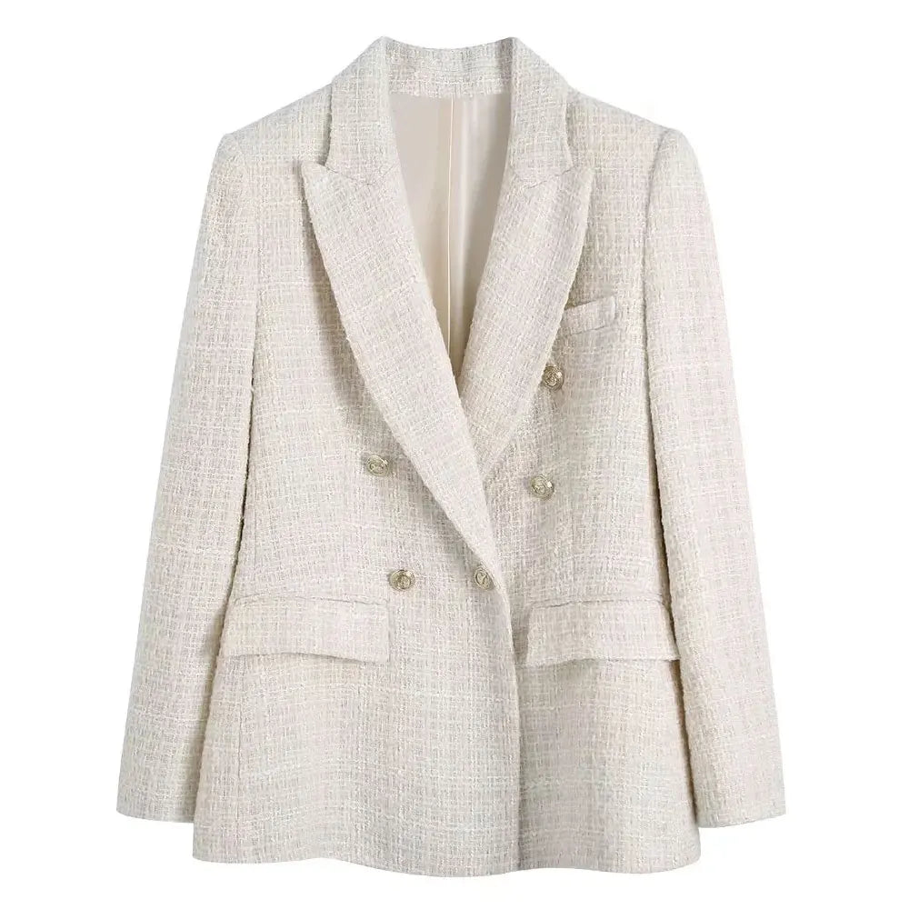 TRZA Women Fashion Tweed Double Breasted Blazer Coat Chic Style