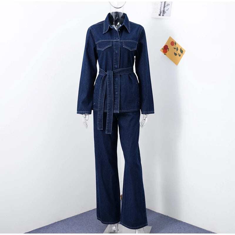 Women's Street Style Denim Jacket and Pants Set – Belted Spliced Lapel Jacket and High-Waisted Straight Pants (Spring 2025)