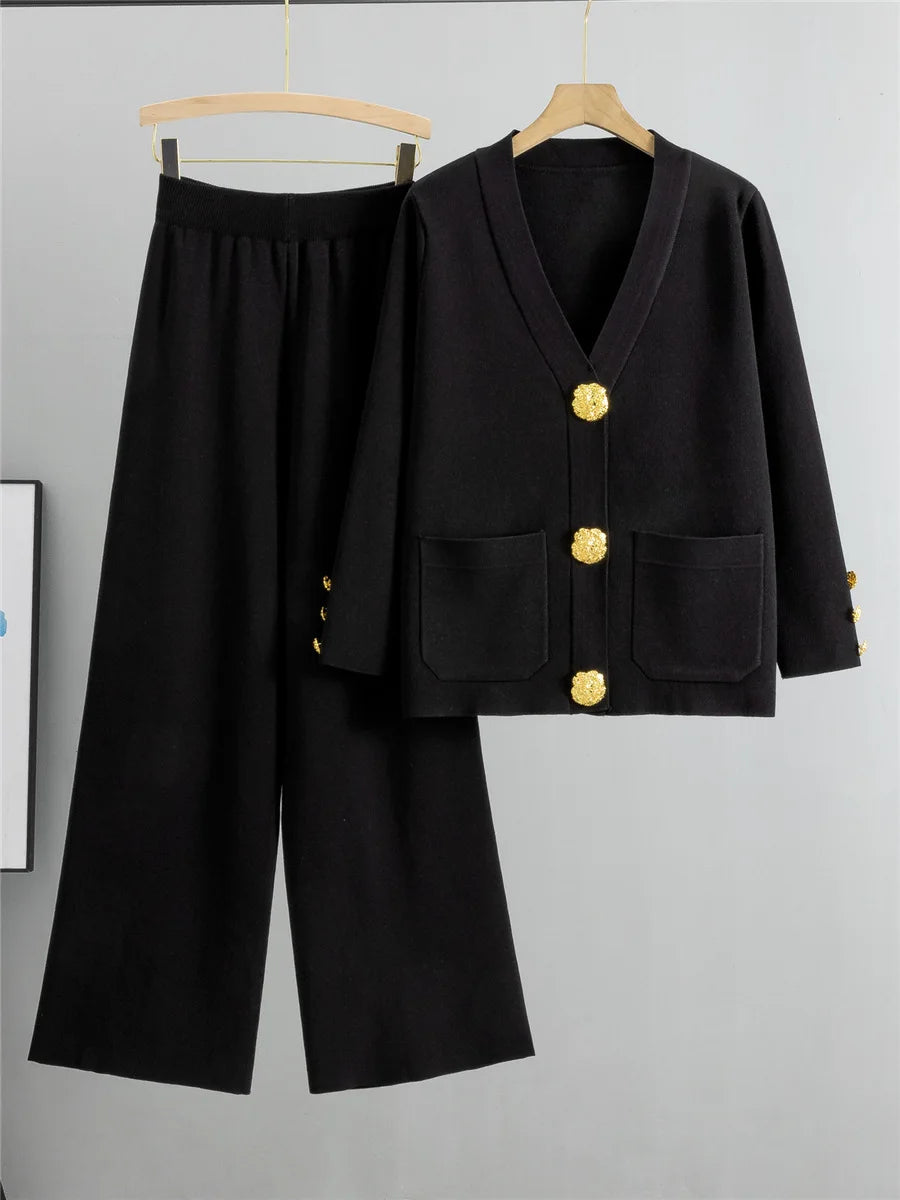 Women's Elegant Knitted 2-Piece Set – Korean Style Cardigan Sweater and High-Waisted Wide-Leg Pants Outfit
