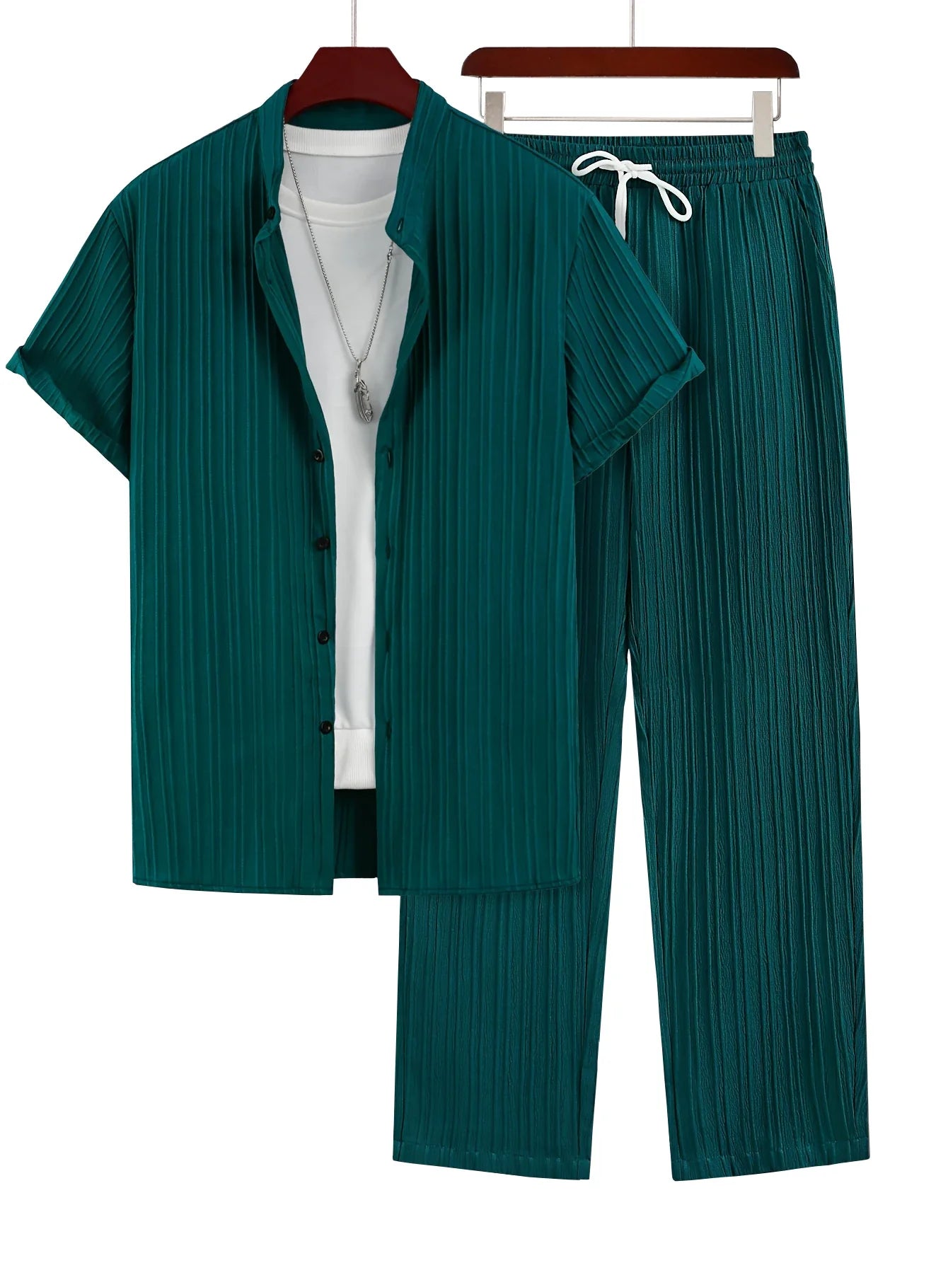Trendy Texture Wave Stripe Short Sleeved Casual Suit