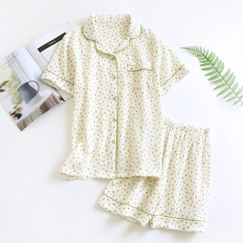 Japanese Summer Cotton Gauze Heart-Shaped Pajamas Suit