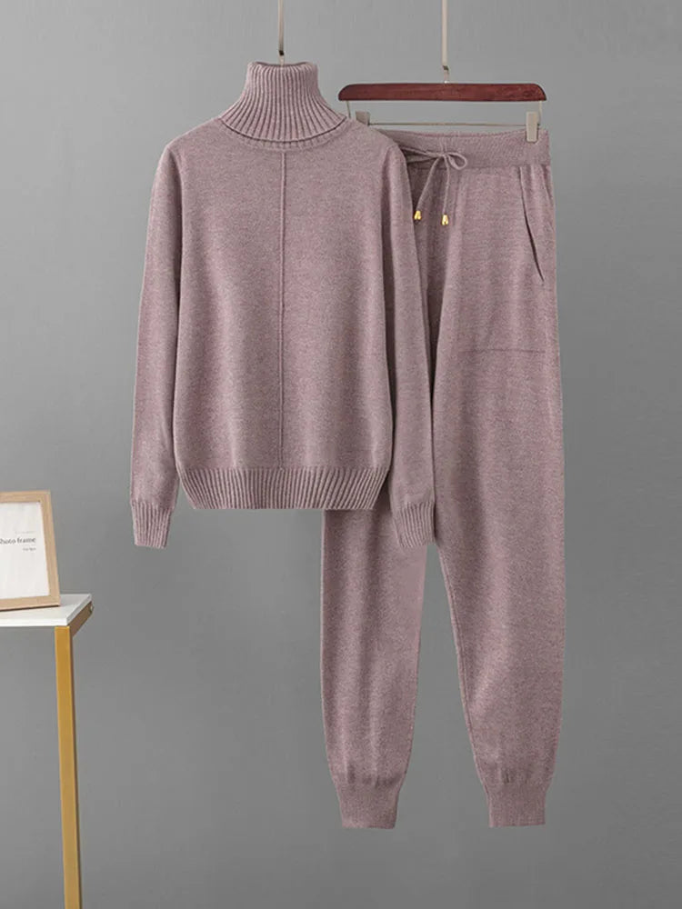 Women's Candy Color Knitted 2-Piece Set – Turtleneck Pullover Sweater and High-Waisted Harem Pants (Multiple Colors)