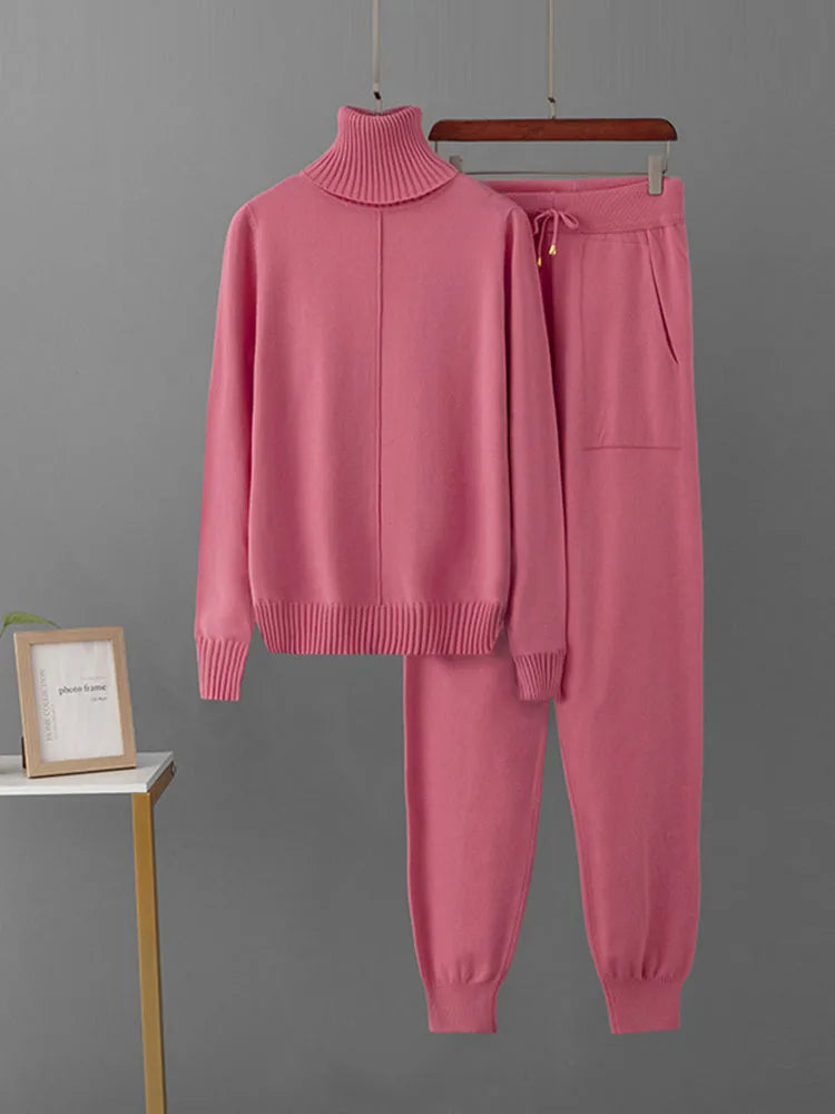 Women's Candy Color Knitted 2-Piece Set – Turtleneck Pullover Sweater and High-Waisted Harem Pants (Multiple Colors)