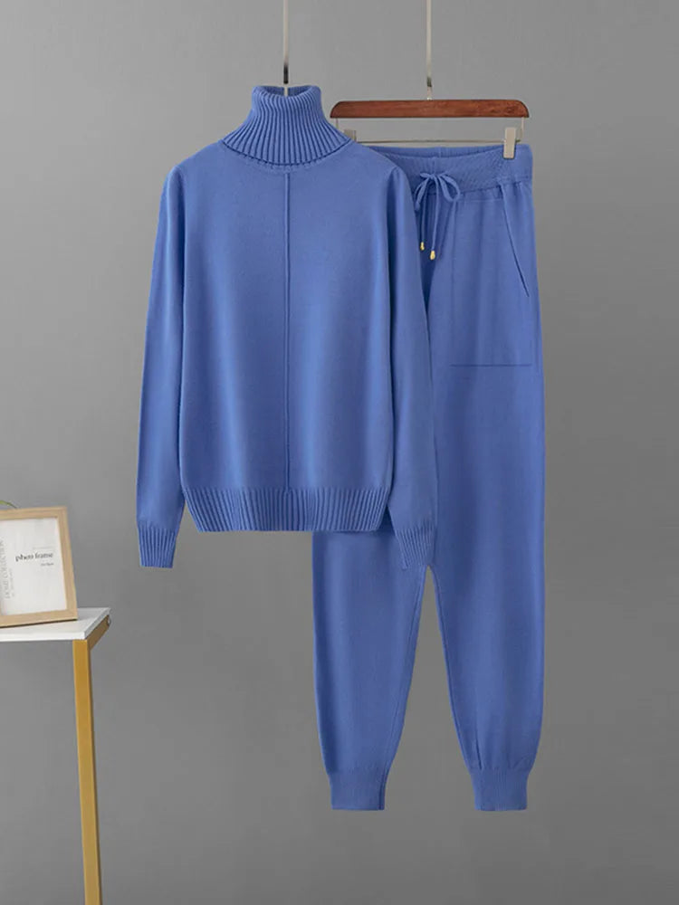 Women's Candy Color Knitted 2-Piece Set – Turtleneck Pullover Sweater and High-Waisted Harem Pants (Multiple Colors)