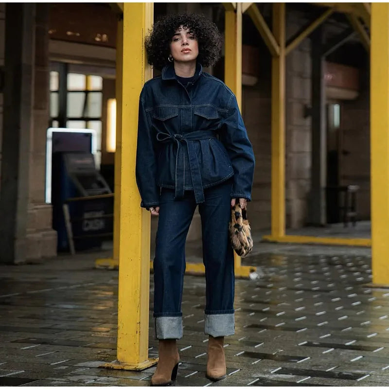Women's Street Style Denim Jacket and Pants Set – Belted Spliced Lapel Jacket and High-Waisted Straight Pants (Spring 2025)