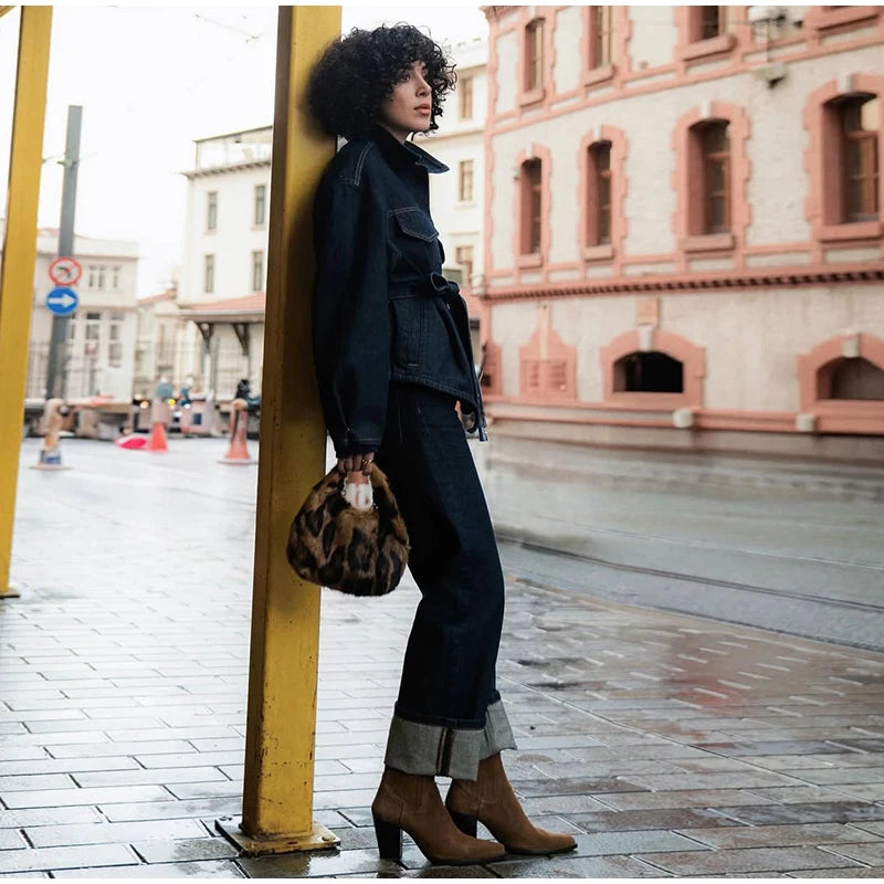 Women's Street Style Denim Jacket and Pants Set – Belted Spliced Lapel Jacket and High-Waisted Straight Pants (Spring 2025)
