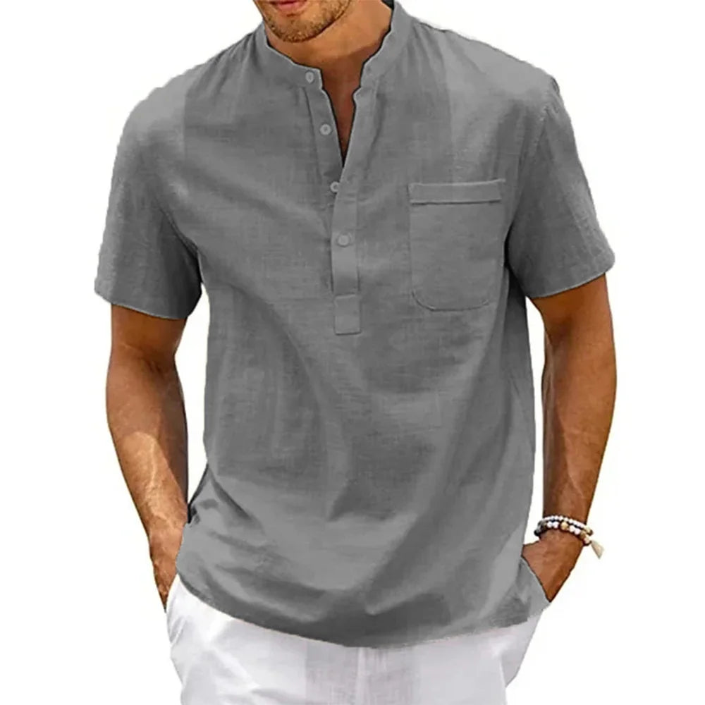 Men's Cotton Linen Henley Shirt – Casual Short Sleeve Vintage Beachwear with Pocket