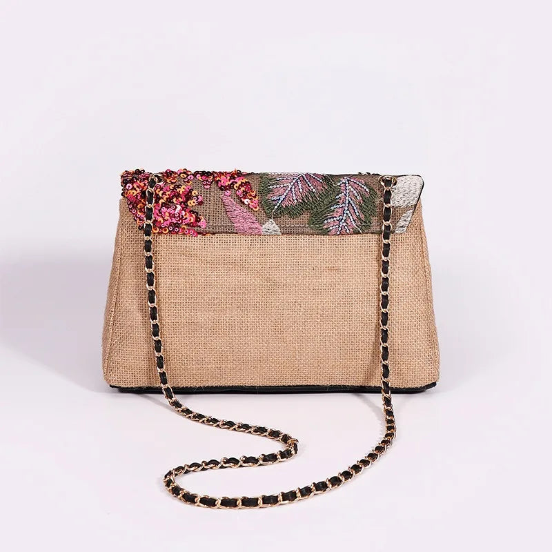 Women’s Large Capacity Cotton Messenger Bag – Sequins Woven Chain Strap Shoulder Bag