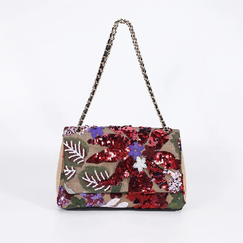 Women’s Large Capacity Cotton Messenger Bag – Sequins Woven Chain Strap Shoulder Bag