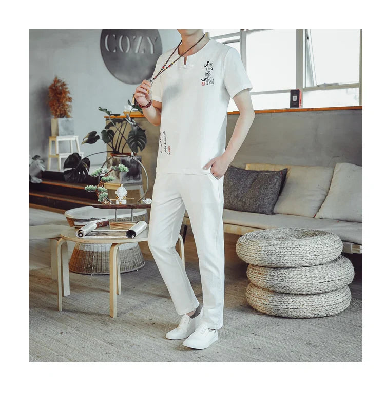 2024 Summer Casual Chinese Style Cotton Linen Suit Set