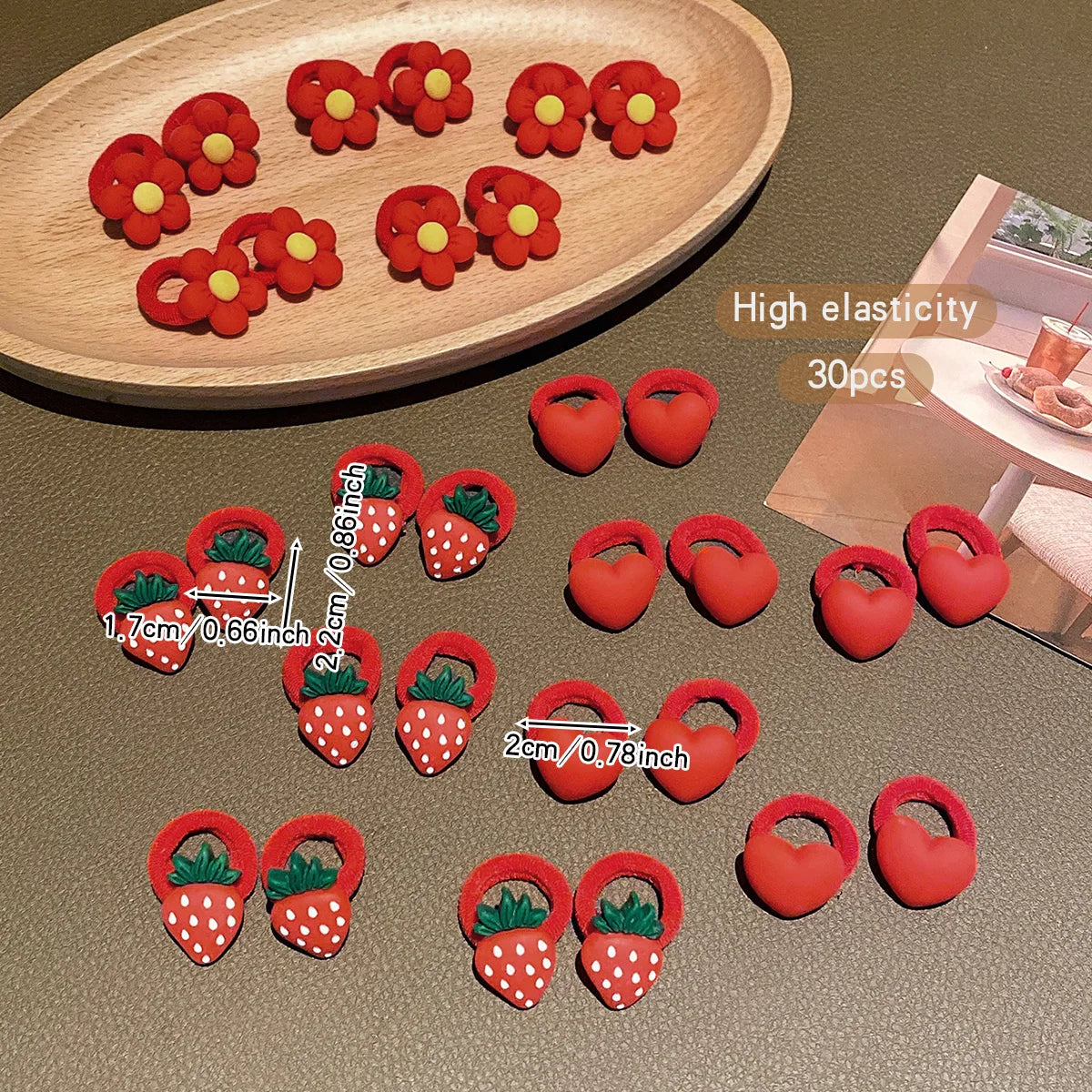 Charming 30 Red Flower Strawberry Elastic Bands For Daily Use