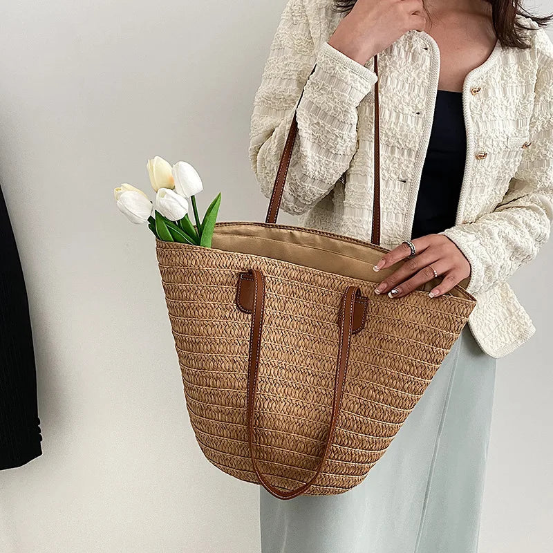Large Capacity Straw Shoulder Tote – Luxury Beach Bag, Summer Woven Handbag