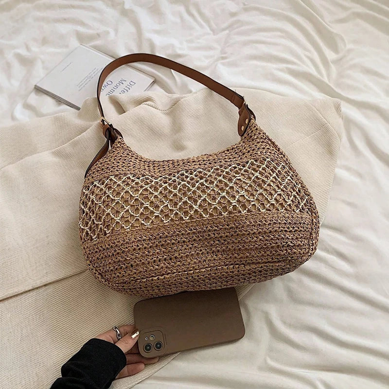 Handmade Summer Straw Shoulder Bag – Large Capacity Crochet Beach Tote for Women