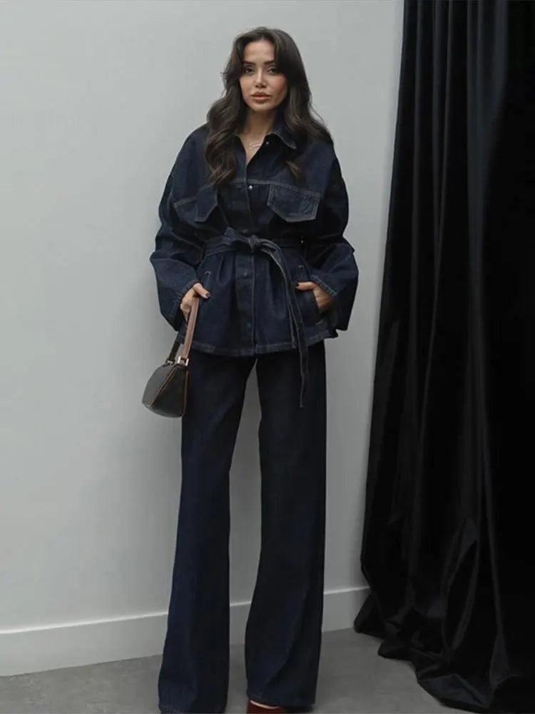 Women's Street Style Denim Jacket and Pants Set – Belted Spliced Lapel Jacket and High-Waisted Straight Pants (Spring 2025)