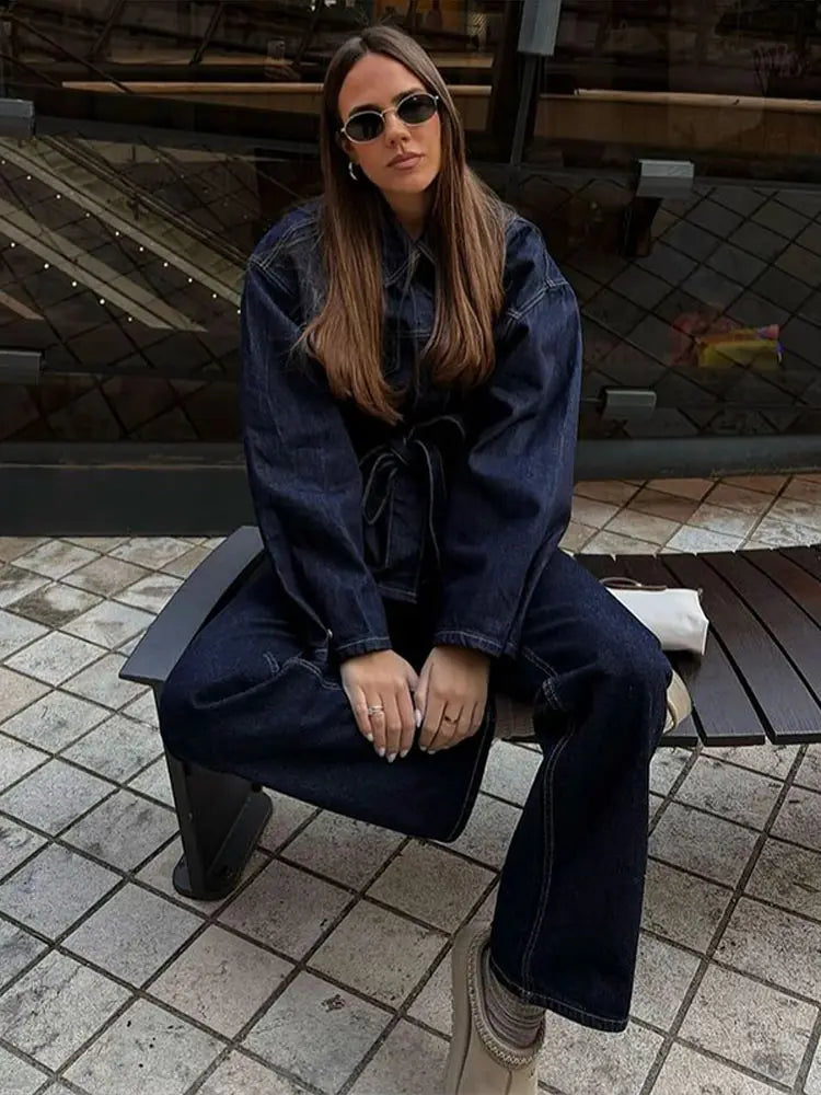 Women's Street Style Denim Jacket and Pants Set – Belted Spliced Lapel Jacket and High-Waisted Straight Pants (Spring 2025)