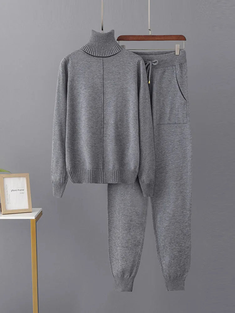 Women's Candy Color Knitted 2-Piece Set – Turtleneck Pullover Sweater and High-Waisted Harem Pants (Multiple Colors)