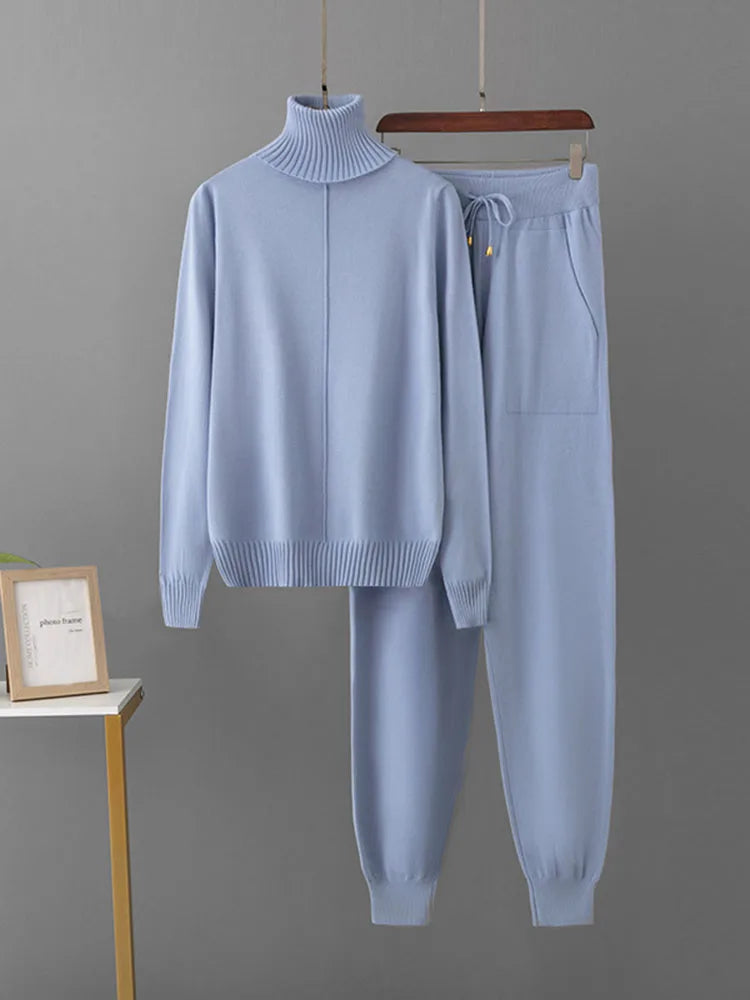 Women's Candy Color Knitted 2-Piece Set – Turtleneck Pullover Sweater and High-Waisted Harem Pants (Multiple Colors)