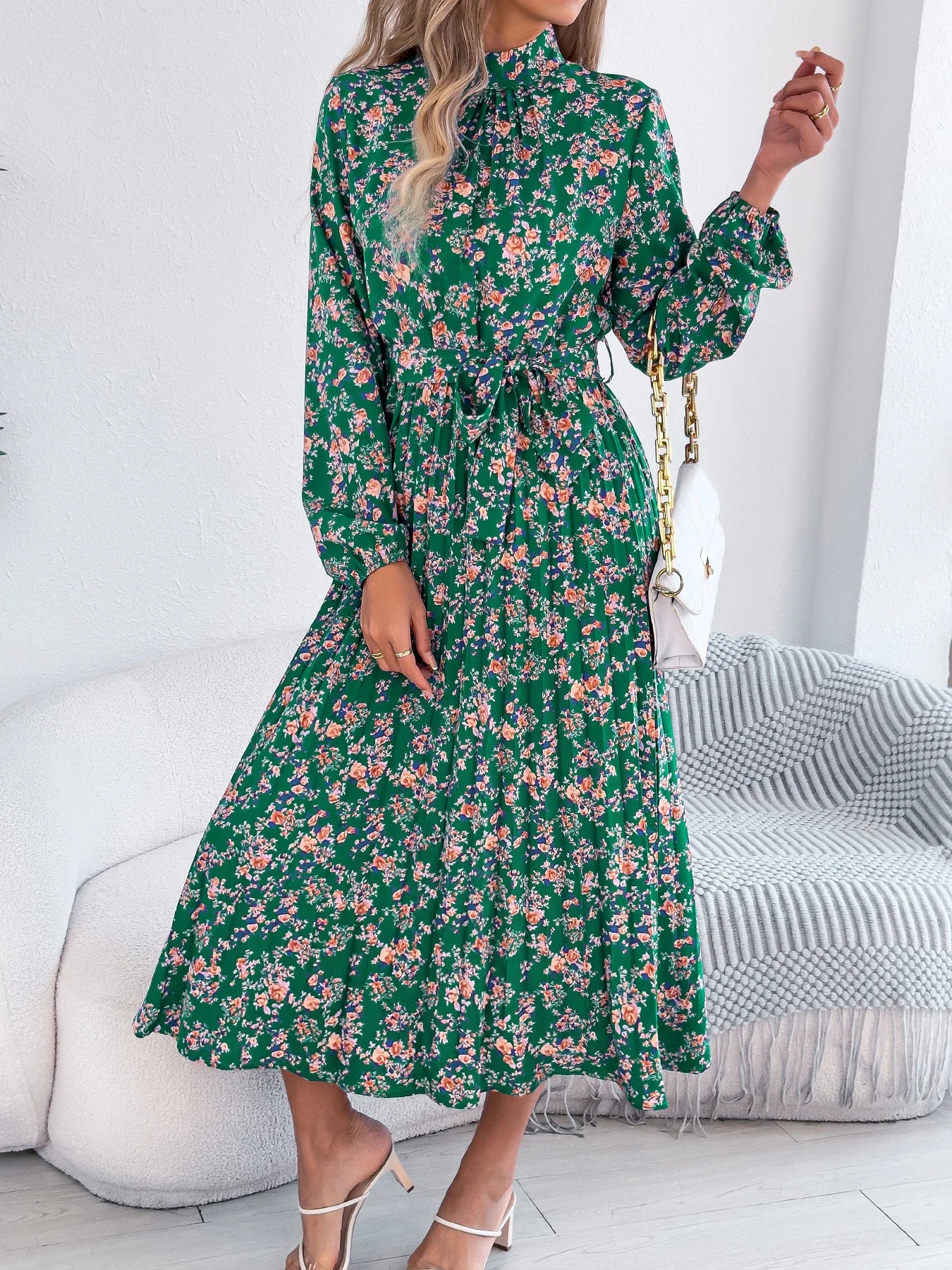 Floral Stand Up Collar Long Sleeve Bridesmaid Dress