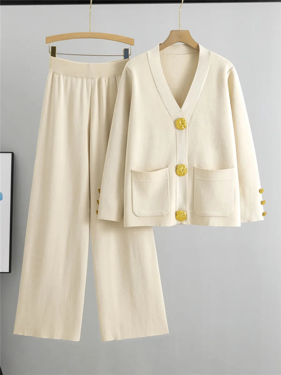 Women's Elegant Knitted 2-Piece Set – Korean Style Cardigan Sweater and High-Waisted Wide-Leg Pants Outfit