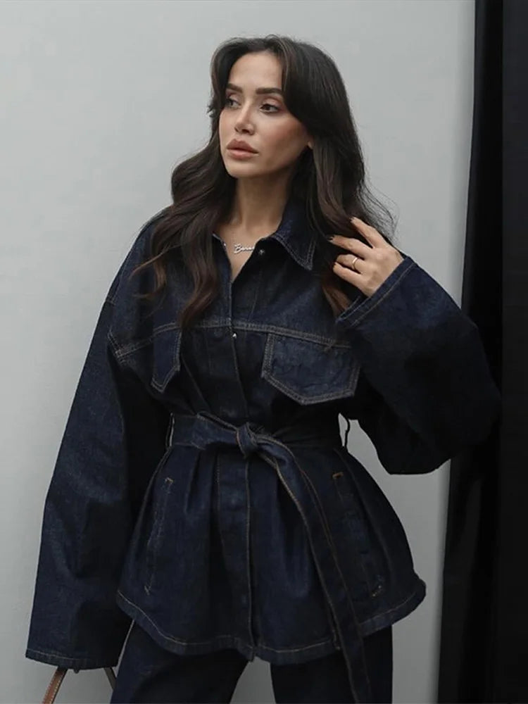 Women's Street Style Denim Jacket and Pants Set – Belted Spliced Lapel Jacket and High-Waisted Straight Pants (Spring 2025)