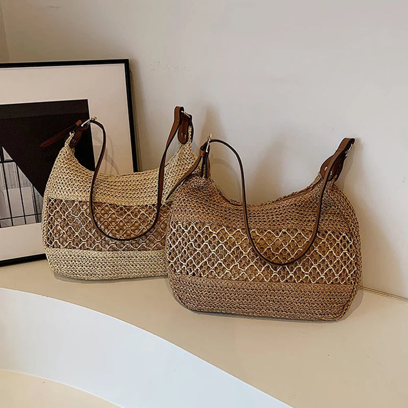 Handmade Summer Straw Shoulder Bag – Large Capacity Crochet Beach Tote for Women