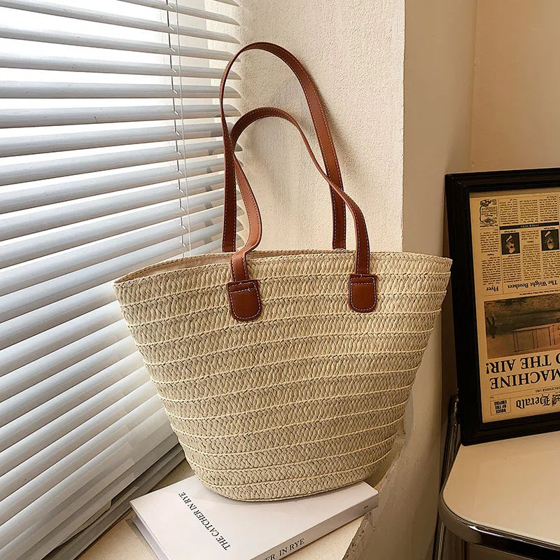 Large Capacity Straw Shoulder Tote – Luxury Beach Bag, Summer Woven Handbag