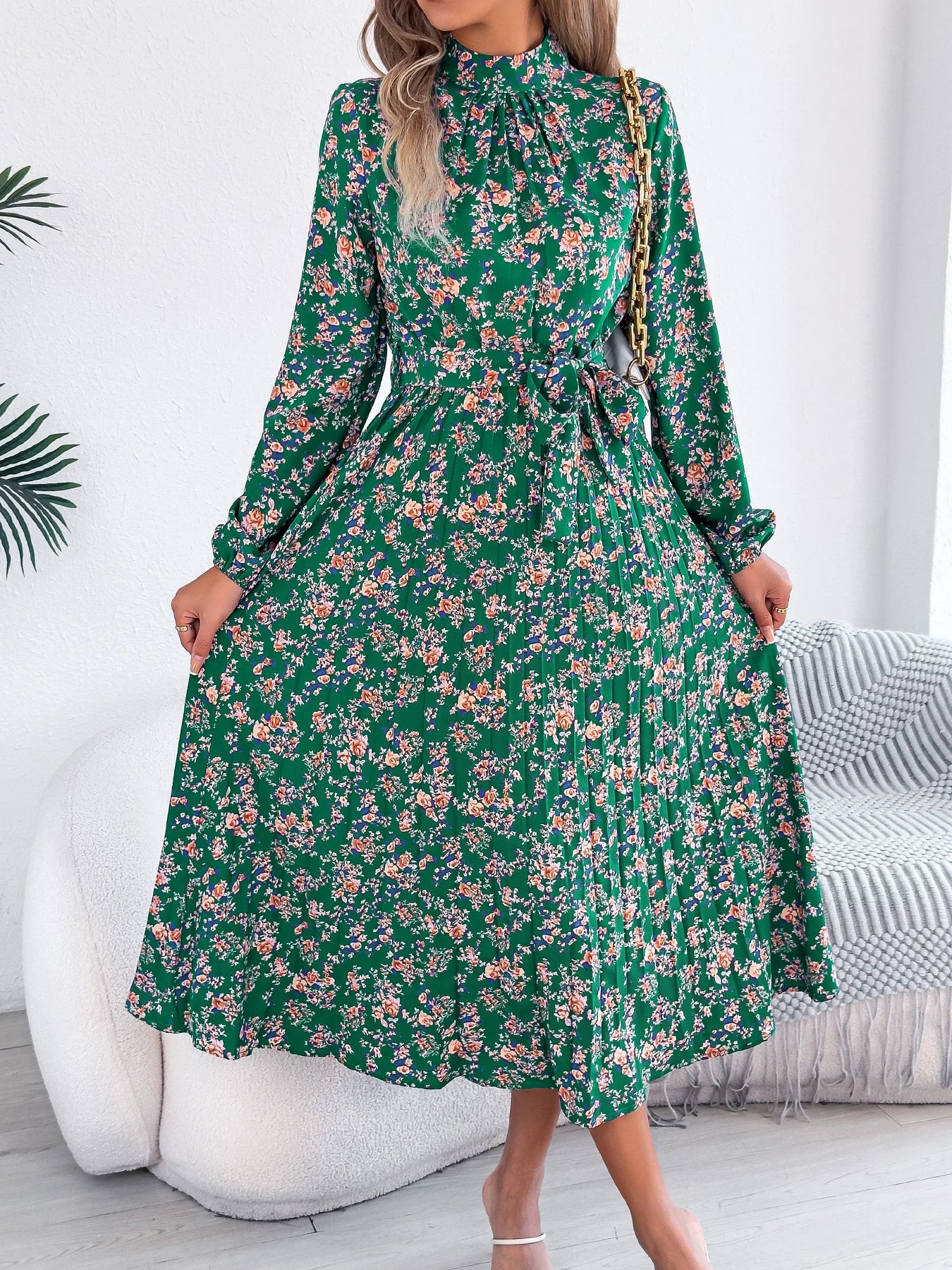 Floral Stand Up Collar Long Sleeve Bridesmaid Dress