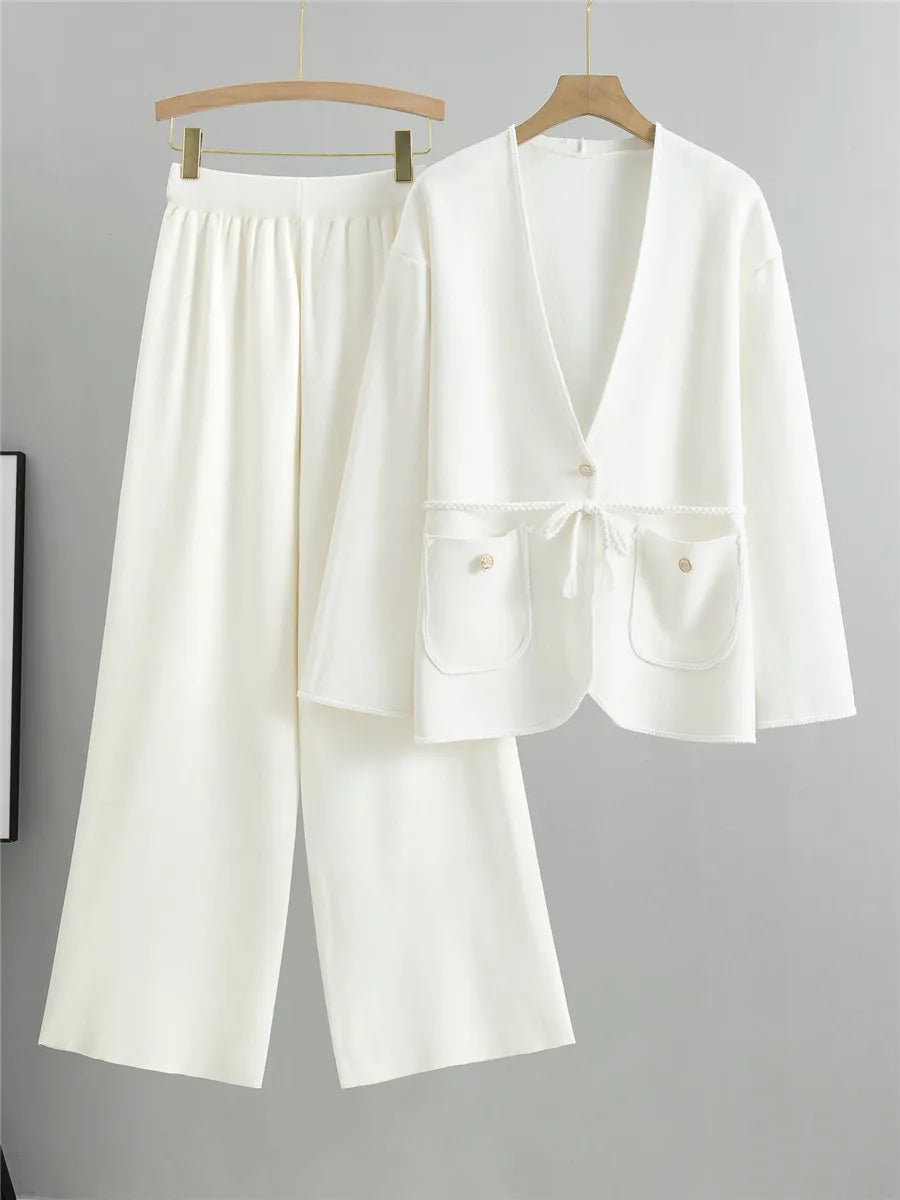 Women's Elegant Knitted 2-Piece Set – V-Neck Belted Cardigan and High-Waisted Sweatpants for Spring & Fall