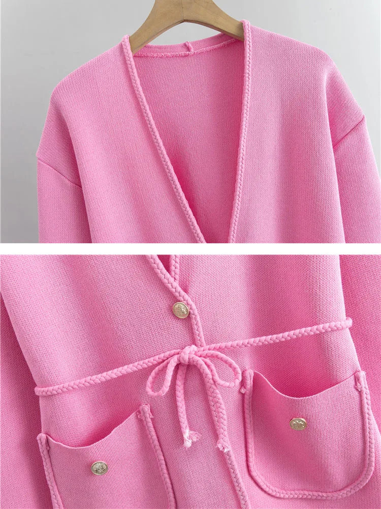 Women's Elegant Knitted 2-Piece Set – V-Neck Belted Cardigan and High-Waisted Sweatpants for Spring & Fall