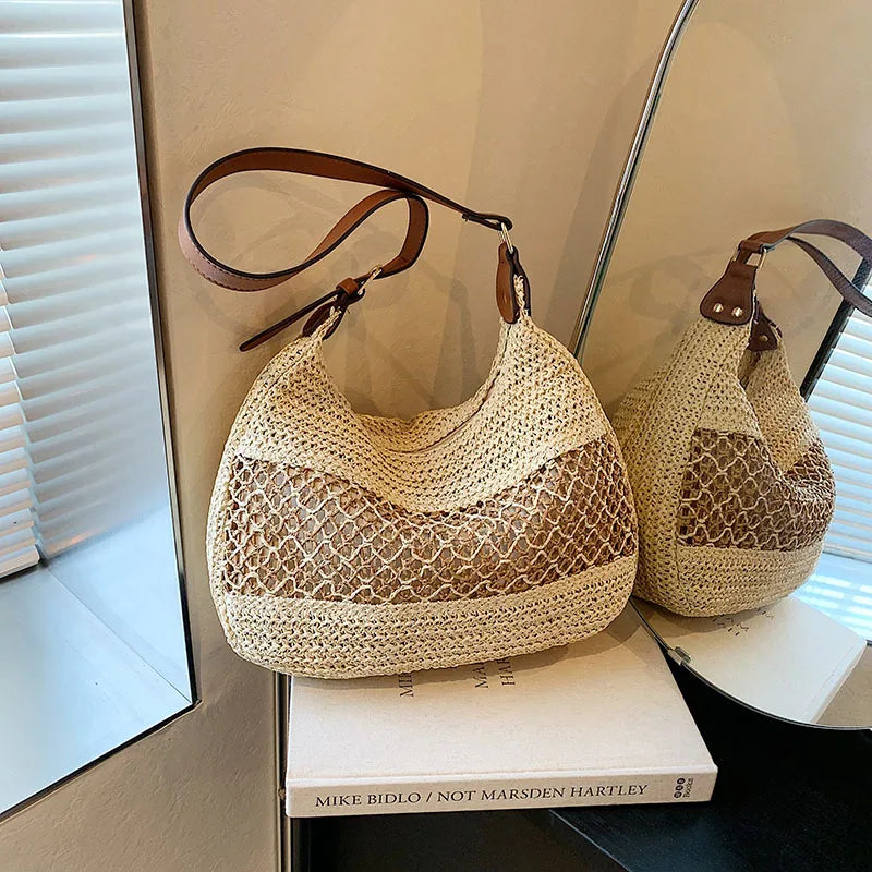 Handmade Summer Straw Shoulder Bag – Large Capacity Crochet Beach Tote for Women
