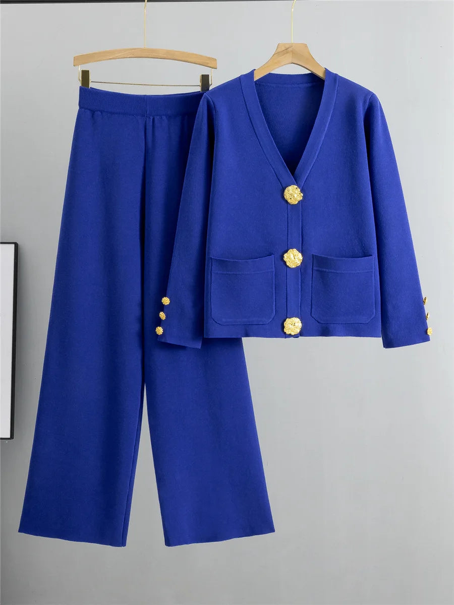 Women's Elegant Knitted 2-Piece Set – Korean Style Cardigan Sweater and High-Waisted Wide-Leg Pants Outfit