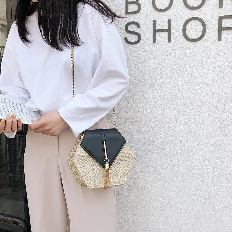 Hexagon Woven Straw and Leather Shoulder Bag – Bohemian Summer Beach Style