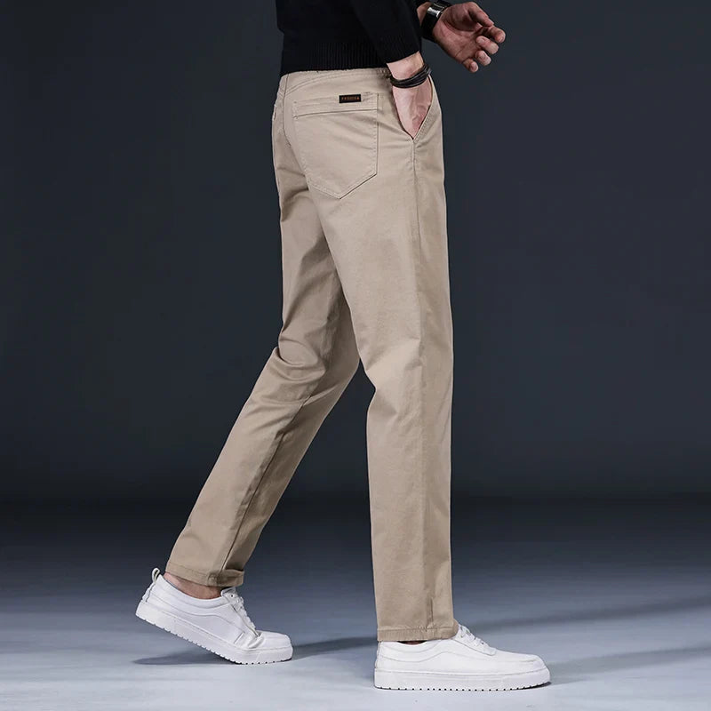 New Pure 97% Cotton Casual Pants for Men Black Khaki Gray Blue Business Slim Straight Elastic Fashion Casual Long Pants Male