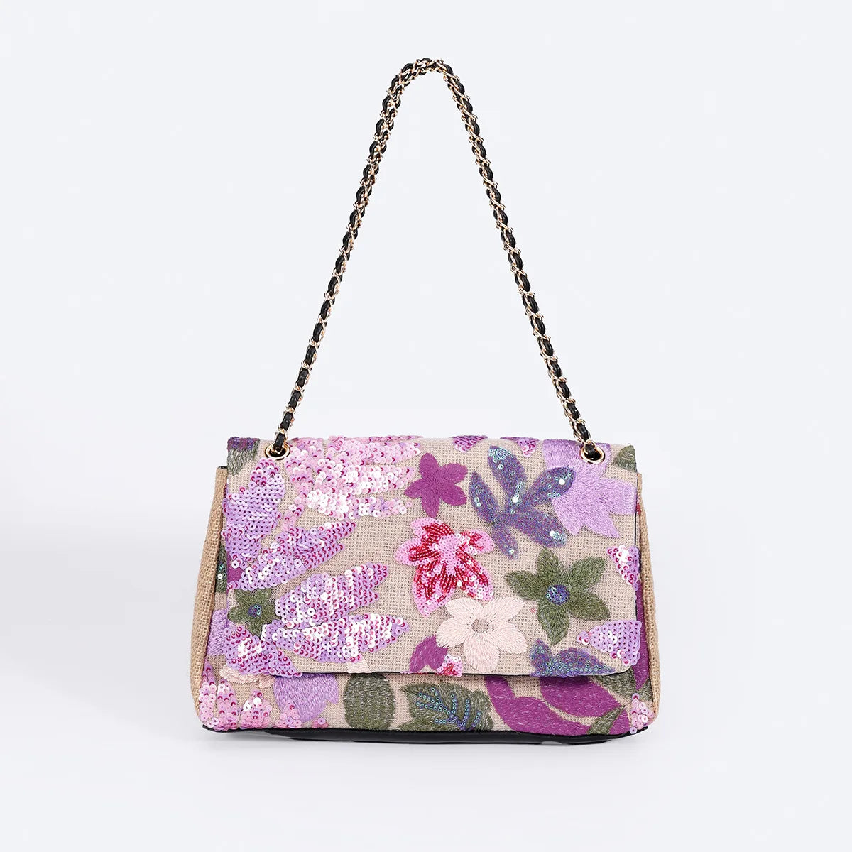 Women’s Large Capacity Cotton Messenger Bag – Sequins Woven Chain Strap Shoulder Bag