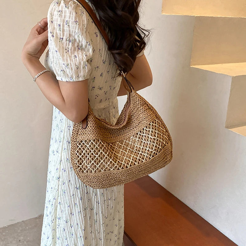 Handmade Summer Straw Shoulder Bag – Large Capacity Crochet Beach Tote for Women