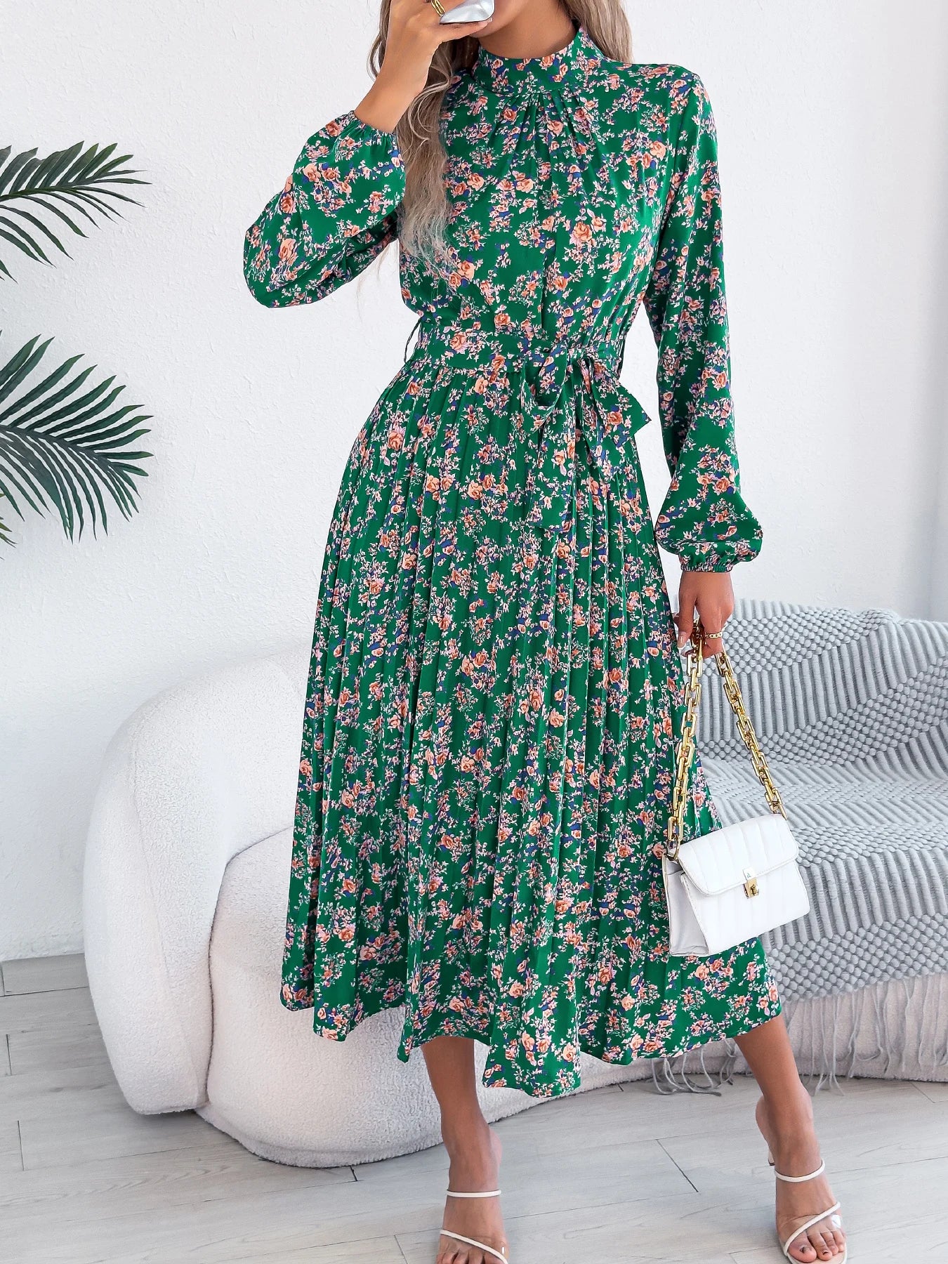 Floral Stand Up Collar Long Sleeve Bridesmaid Dress