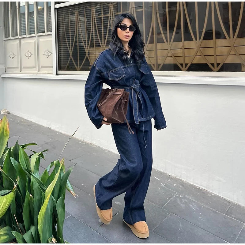 Women's Street Style Denim Jacket and Pants Set – Belted Spliced Lapel Jacket and High-Waisted Straight Pants (Spring 2025)