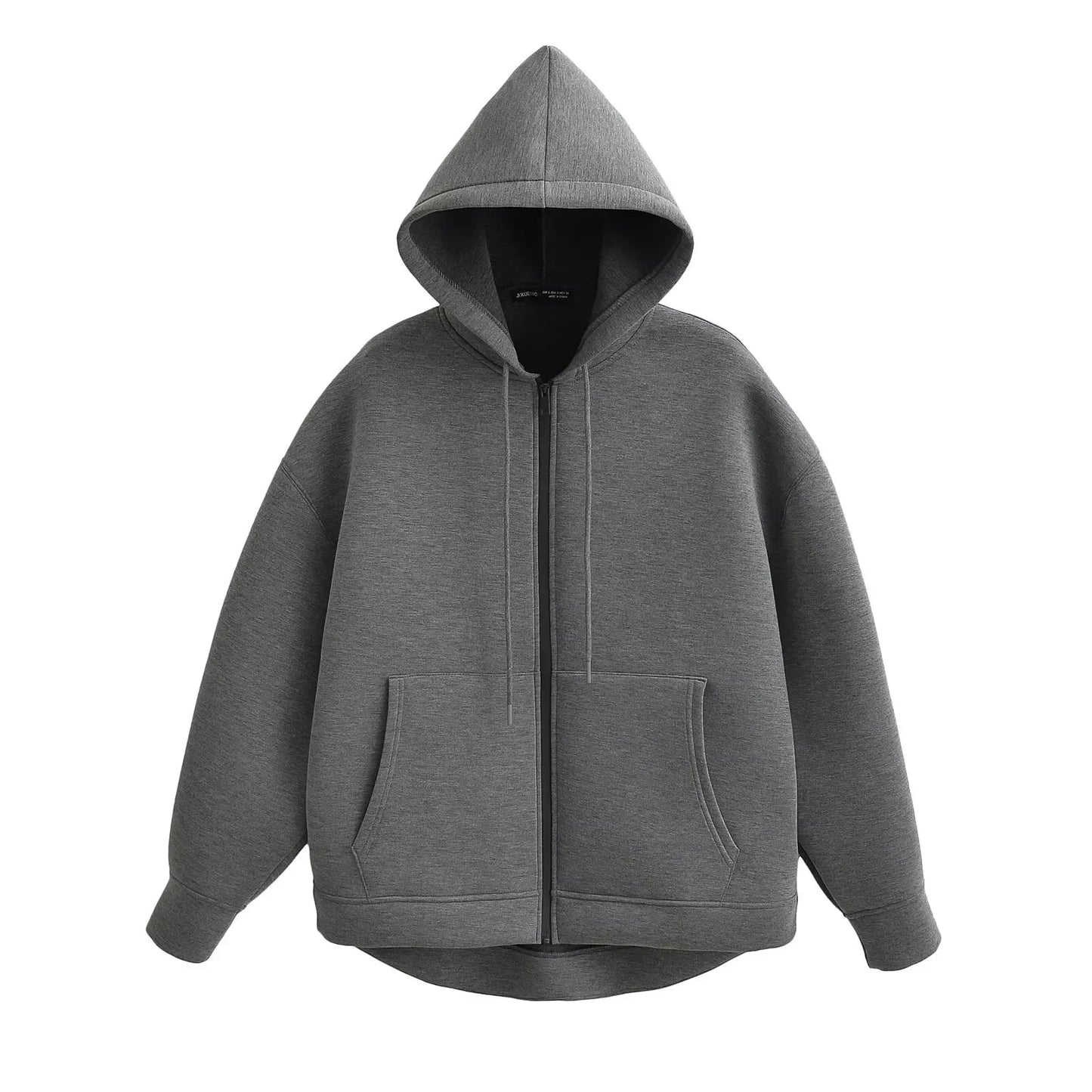 TRAFZA Women’s Autumn Gray Hooded Jacket – Zipper Coat with Big Pockets and Long Sleeves (Loose Fit)
