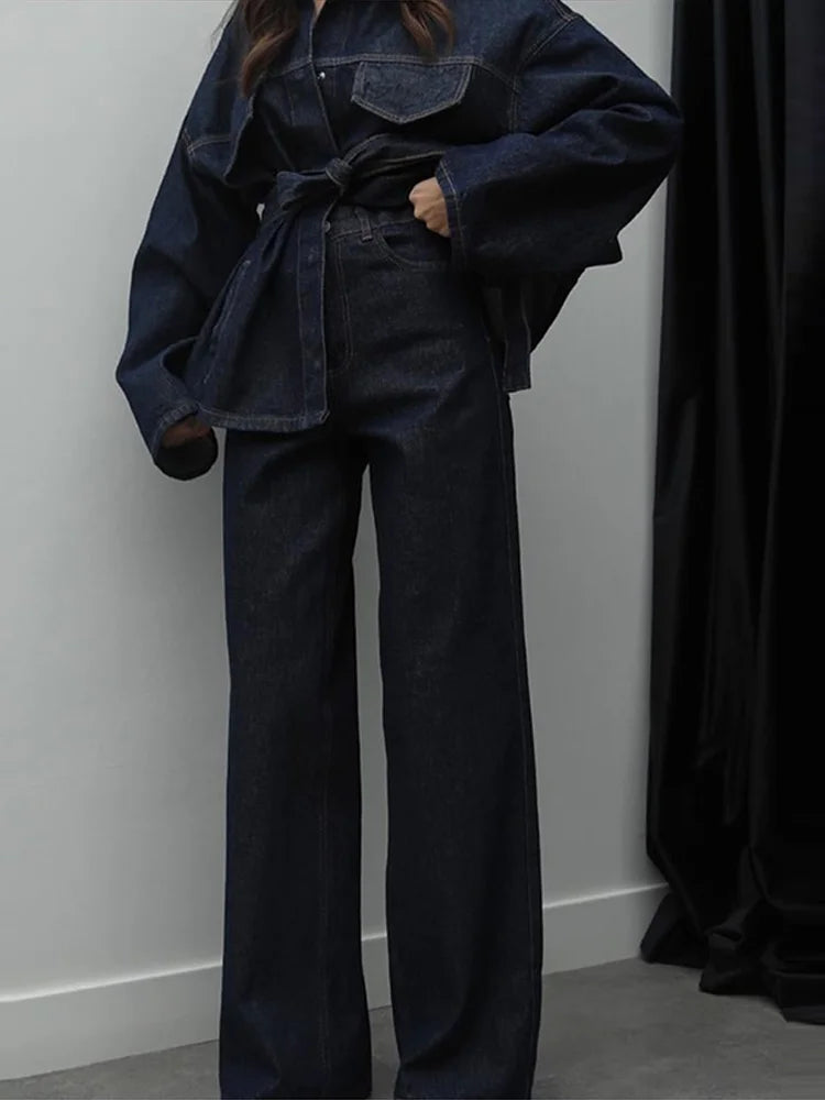 Women's Street Style Denim Jacket and Pants Set – Belted Spliced Lapel Jacket and High-Waisted Straight Pants (Spring 2025)