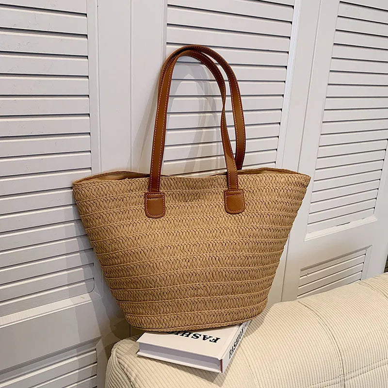 Large Capacity Straw Shoulder Tote – Luxury Beach Bag, Summer Woven Handbag