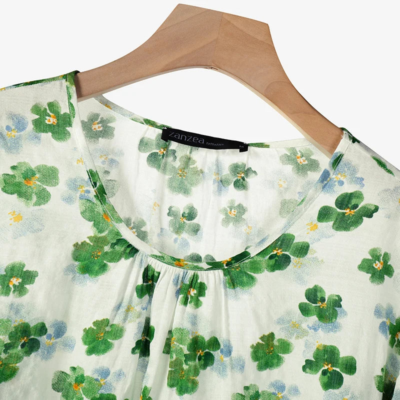 ZANZEA Women Ditsy Floral Blouses 2025 Summer Loose Casual O Neck 3/4 Sleeve Blusas Mujer Bohemian Vintage Elegant Smock Tops