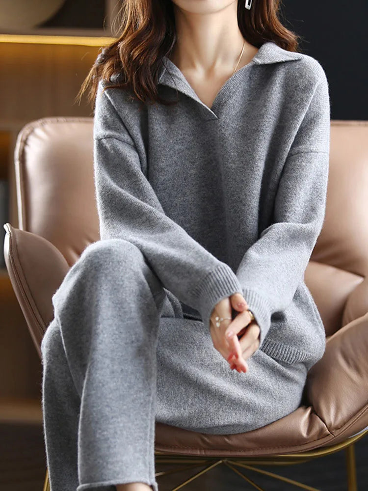 Women's Casual Knitted 2-Piece Set – Korean Polo Neck Sweater and High-Waisted Ankle-Length Harem Pants