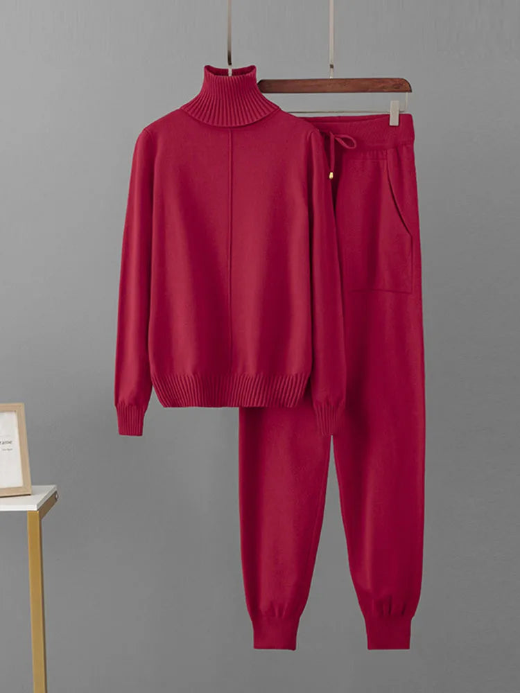 Women's Candy Color Knitted 2-Piece Set – Turtleneck Pullover Sweater and High-Waisted Harem Pants (Multiple Colors)