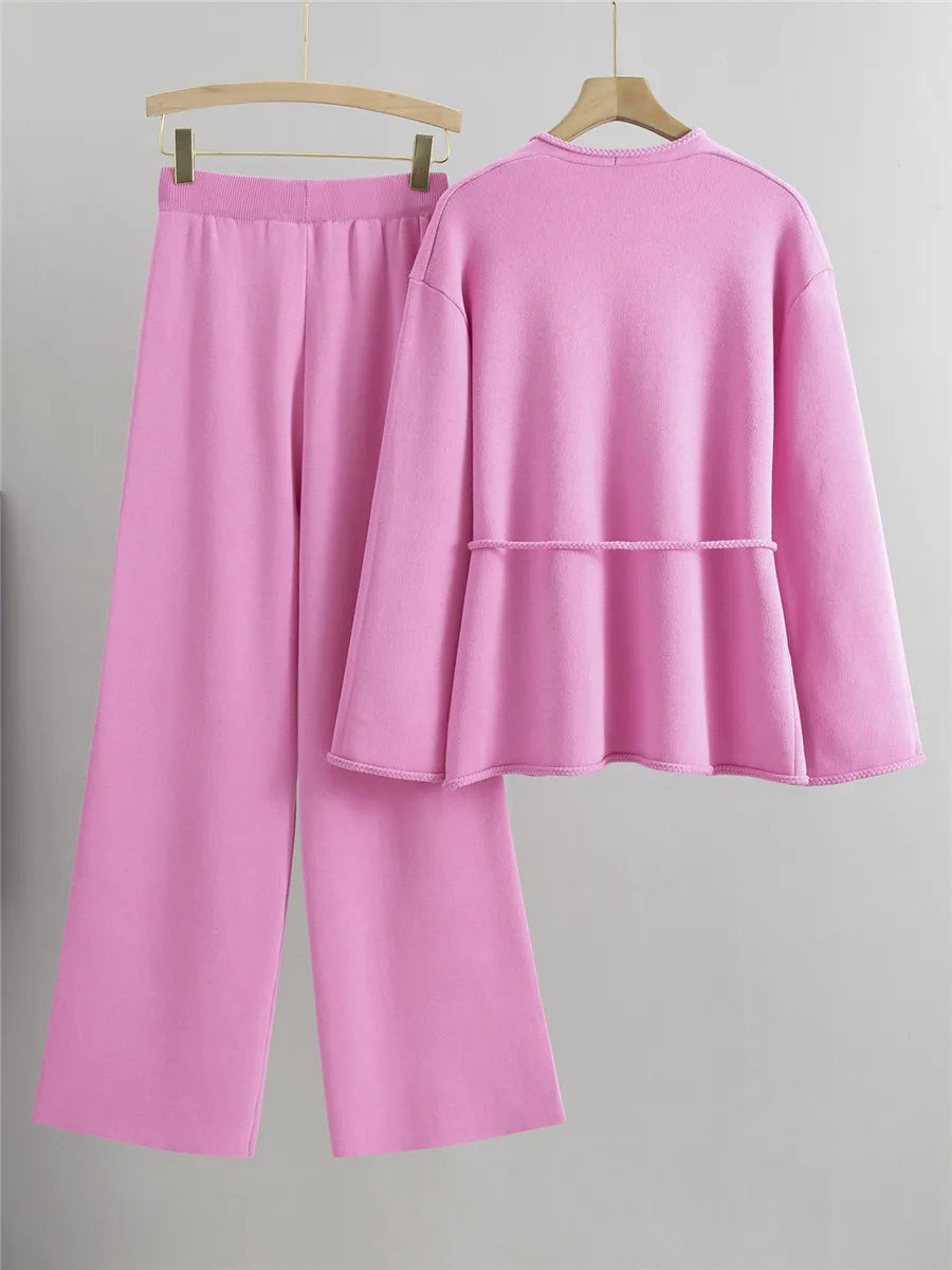 Women's Elegant Knitted 2-Piece Set – V-Neck Belted Cardigan and High-Waisted Sweatpants for Spring & Fall