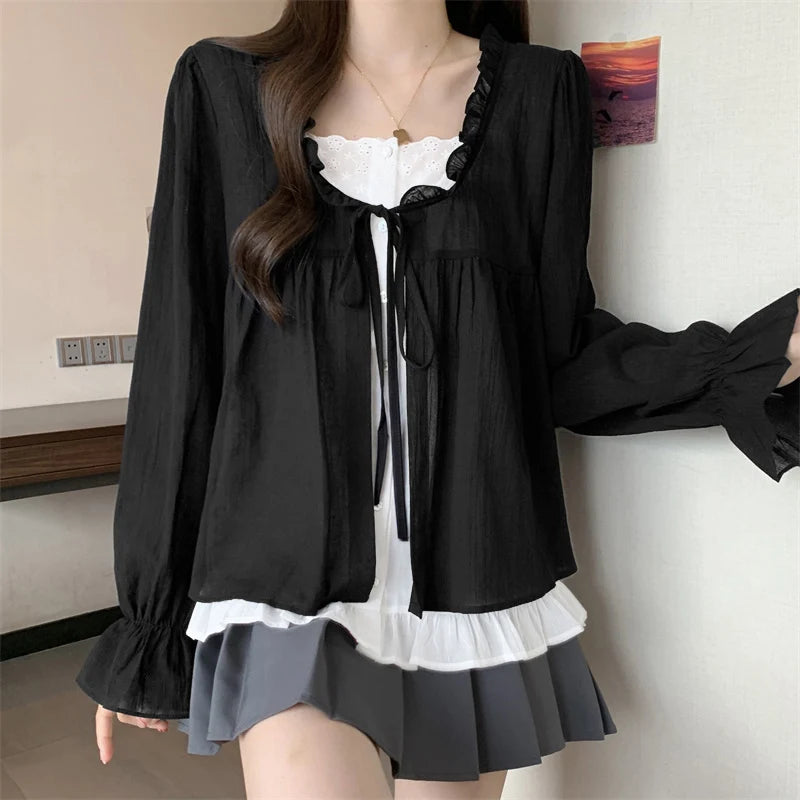 VONDA Women Patchwork Tops Bohemian Ruffled Blouse 2025 Summer Solid Color Shirts Holiday Flare Sleeve Blusas Oversize Fake 2pcs