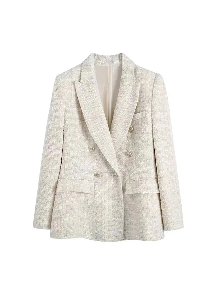 TRZA Women Fashion Tweed Double Breasted Blazer Coat Chic Style