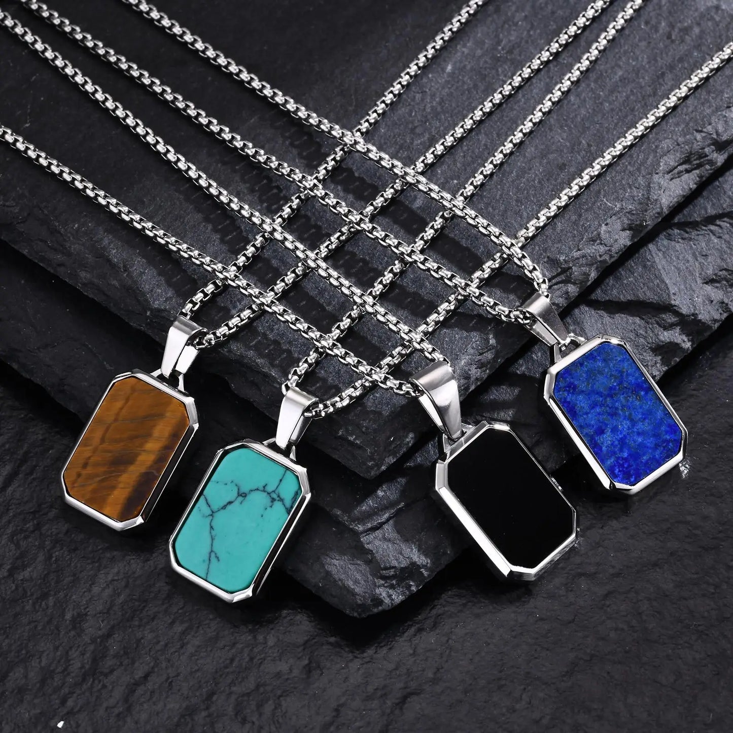 Trendy Pendant Necklaces for Men with Square Natural Stone