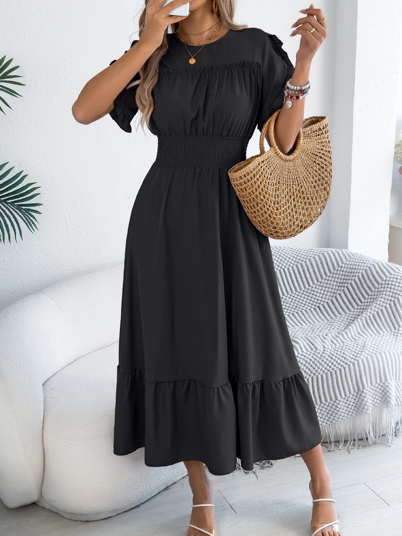 Casual Elegant Round Neck Ruffled Waist Dress for Women