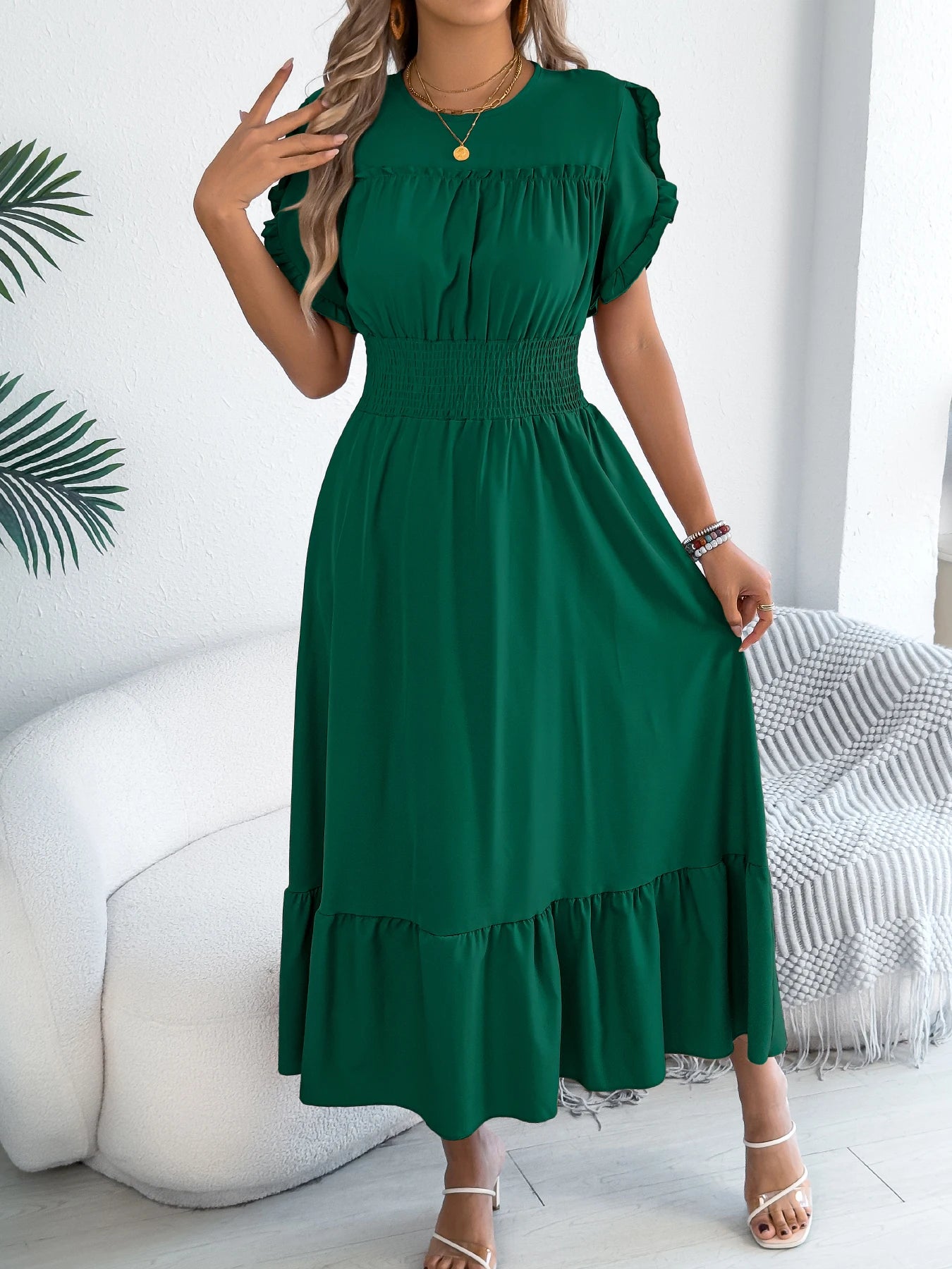Casual Elegant Round Neck Ruffled Waist Dress for Women